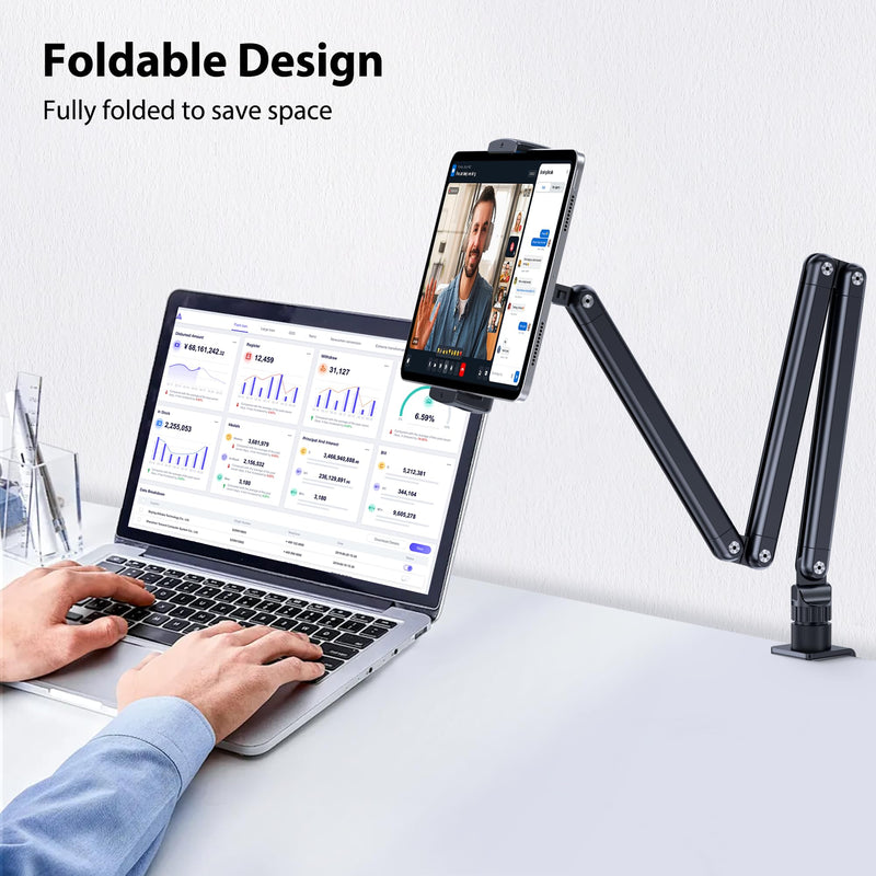 Tablet Desk Stand Holder, Extendable Arm Table Mount for iPad, Aluminum 360° Rotating Bracket with Metal Base, Compatible with 4.7-13 Inch Tablets, Phones, Samsung Galaxy, Kindle Fire HD Tablet Desk Mount