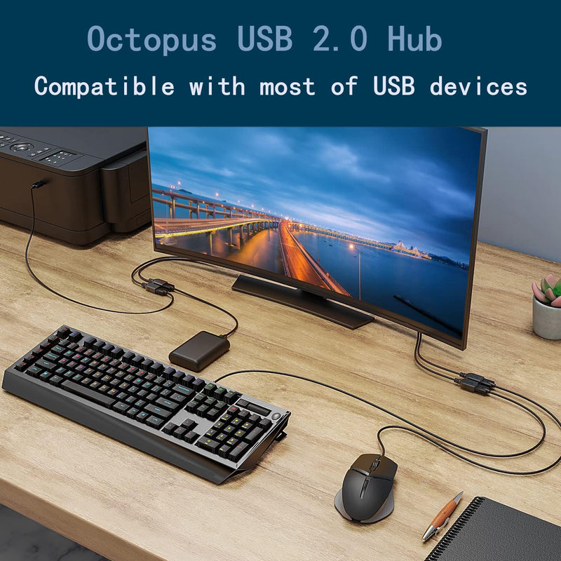 Octopus USB 2.0 Hub, 4-Port Splitter with 2.6ft /80CM Cable Length. Compatible with Windows PC, Mac, Printers, and Mobile HDDs. Perfect for Laptops