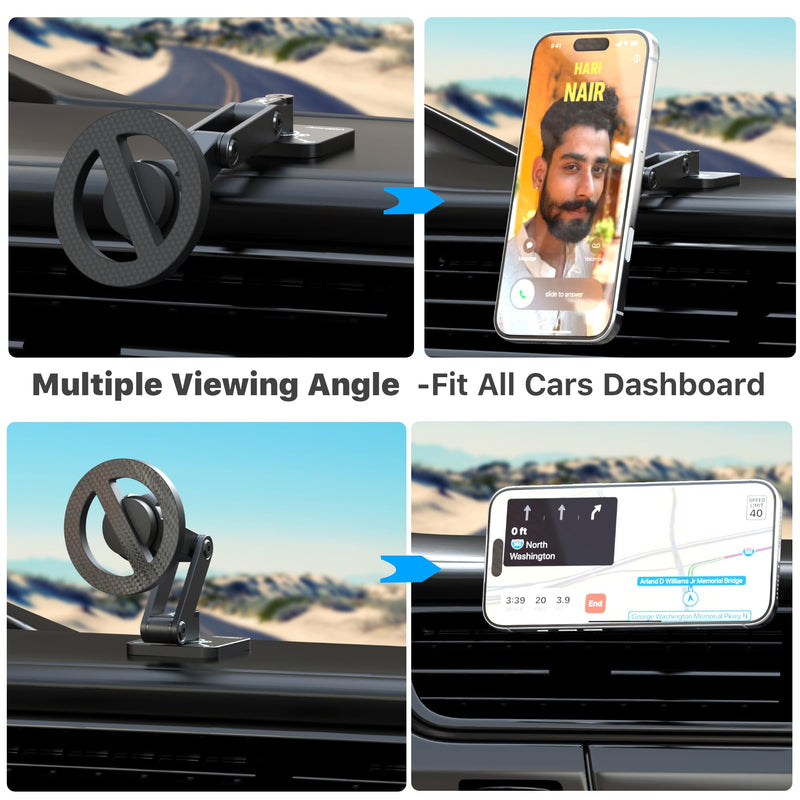 Fits MagSafe Car Mount Magnetic Phone Holder for Dashboard of Cars | All Metal, Nano-Adhesive, Strong Magnets,Flexible 3 Axis, 360° Rotation, Dash Dashboard and Screen For All Phones