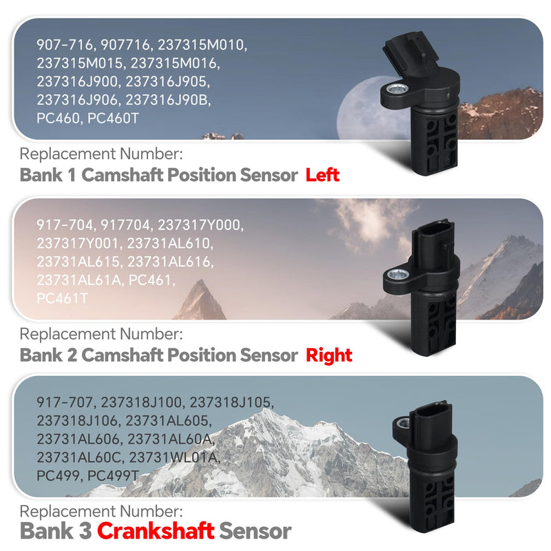 237316J900 23731AL605 2 Pcs Camshaft Position Sensor & 1Pcs Crankshaft Sensor Compatible with Nissan Altima/Maxima/Murano/Quest/350Z Infiniti FX35/G35/I35/M35 Replace 907-716 917-704 917-707