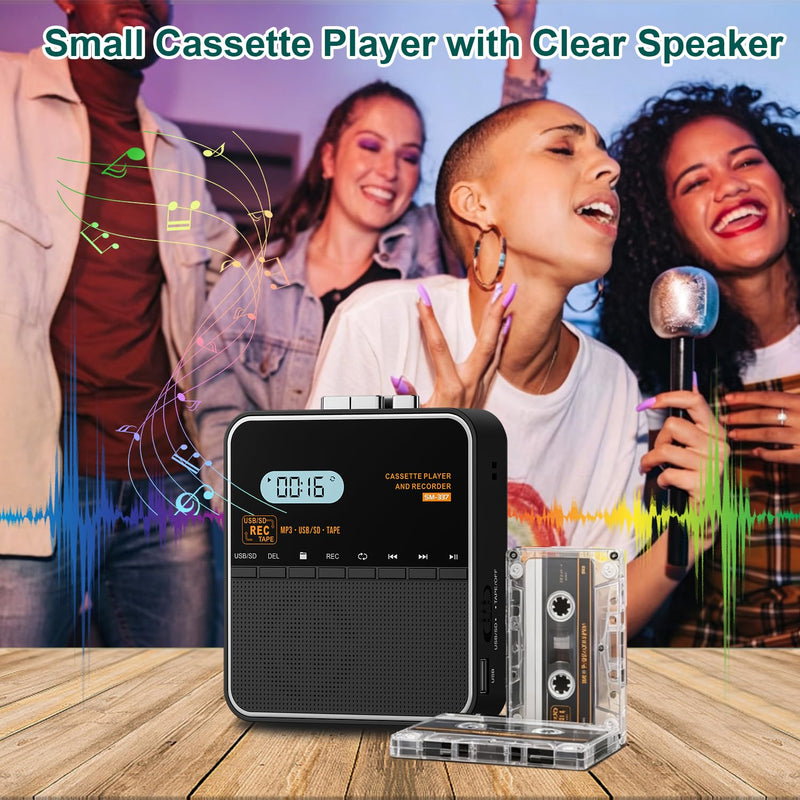 Cassette Tape Player Recorder, Cassette to MP3 Converter, Record to Cassettes/USB/SD Card, LCD Display, Power by USB C or AA Battery, Built-in Speaker, Headphone Jack and Mic Black