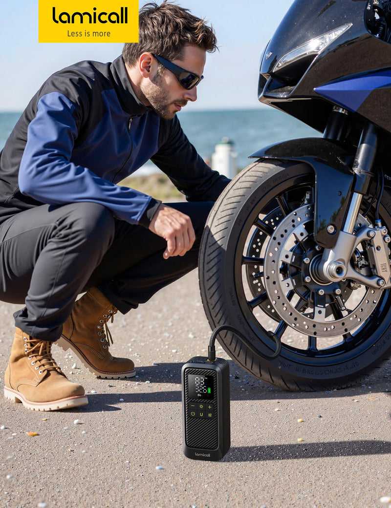 Car Tire Inflator Portable Air Compressor - Lamicall [5X Faster][150 PSI] Air Pump with Rechargeable Battery for Car, Motorcycle, Bike, ATV,MTV, Scooter, Ball Black