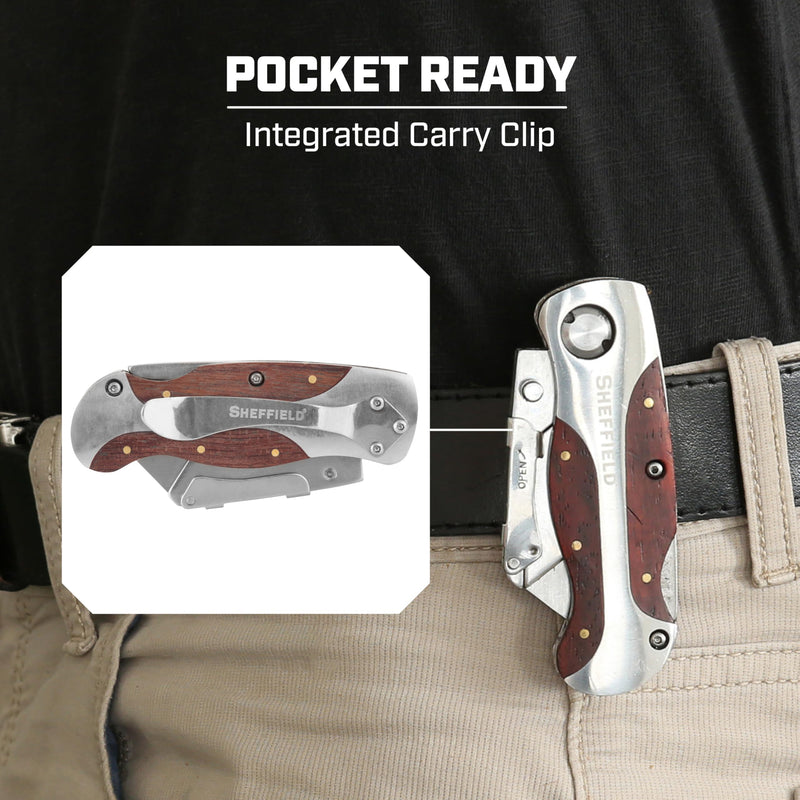 Sheffield 12525 Premium Lock Back Utility Knife 2 Pack, Gifts for Men, Dad Gifts, Box Cutter Knife, Carpet Knife, Drywall Cutter, Quick Change Blade, Aluminum and Wood Handle 2-Pack