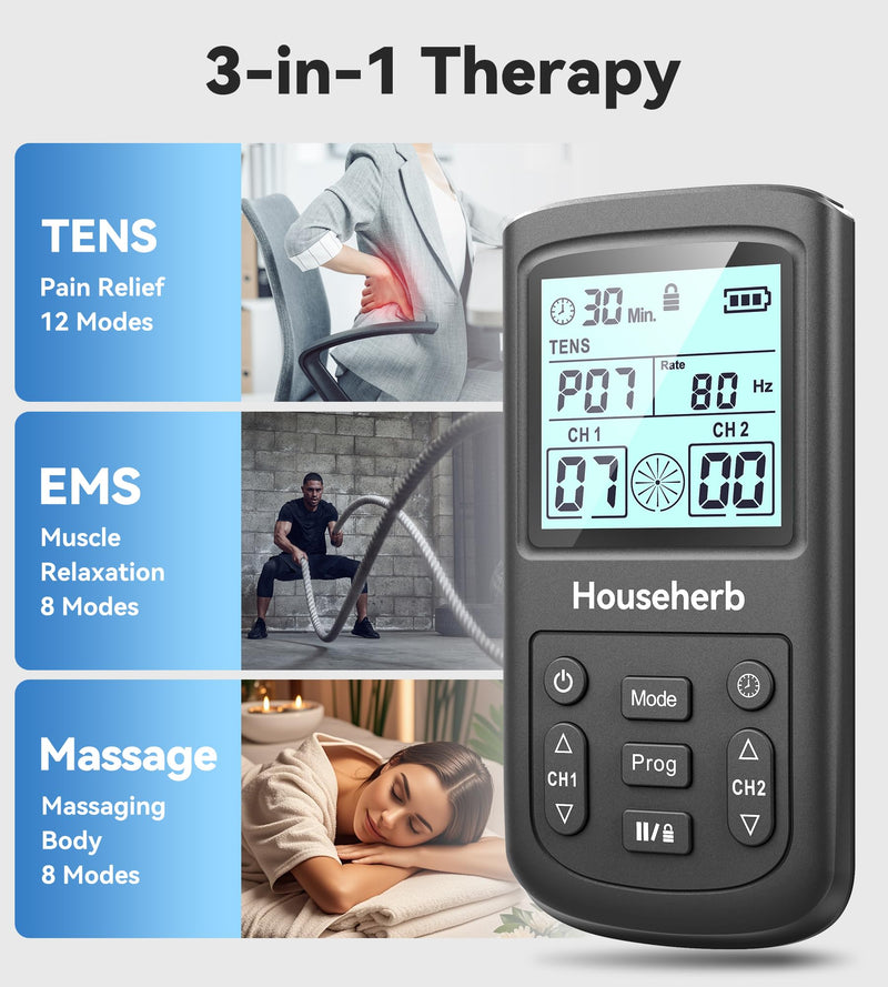 TENS Unit Muscle Stimulator for Pain Relief, 3-in-1 EMS TENS Machine with 28 Modes, 40 Intensity Levels, Dual Channel Rechargeable Massager with 8 Pads for Back, Neck, Shoulder, Sciatica
