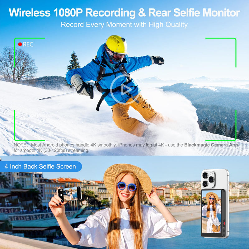 4" Magnetic Phone Vlog Selfie Monitor Screen, 1080P Wireless Recording, Phone Selfie Monitor Screen Back Camera Monitor for Selfie Vlog Live Stream TikTok,Compatible with iPhone, Android