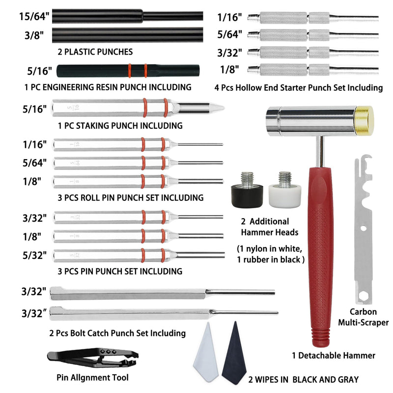 BESTNULE Roll Pin Punch Set, Punch Tools, Made of Solid Material Including Steel Punch and Hammer, Ideal for Machinery Maintenance with Organizer Storage Container (Without Bench Block) Without Bench Block