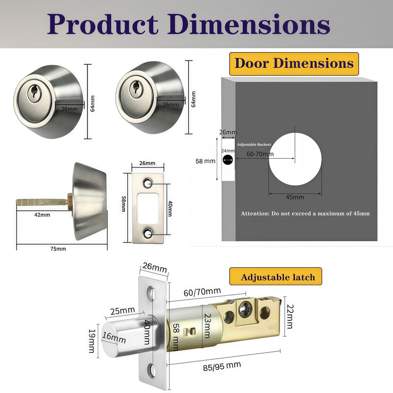 Silver Steel Double-Head Cylinder Deadbolt Lock- High Security Anti-Kick Door Lock, Easy to Install, Fits Standard Doors, for Home, Apartment and Office Security Double-Head-Silver
