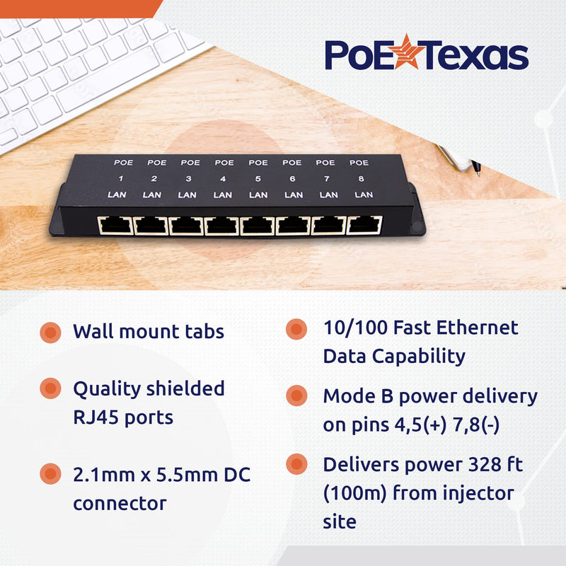PoE Texas 8 Port PoE Injector - 8 Port PoE Adapter - Add Power Over Ethernet for Passive Devices - 10/100 Data Rate for PTZ, IP Camera Video Security System, VoIP Phone, WiFi Access Point (POE-8-ENC) WS-POE-8-ENC