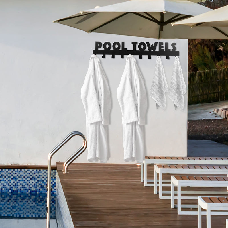 Pool Towel Rack Large Size 10 Hooks for Bathroom Wall Mount Towel Hooks Towel Holder Carbon Steel Hanger Organizer Indoor Outdoor for Robe, Towel, Coat, Swimsuit, Umbrella, Bag, Keys(Black 32Inch-10Hooks Black-Pool Towels