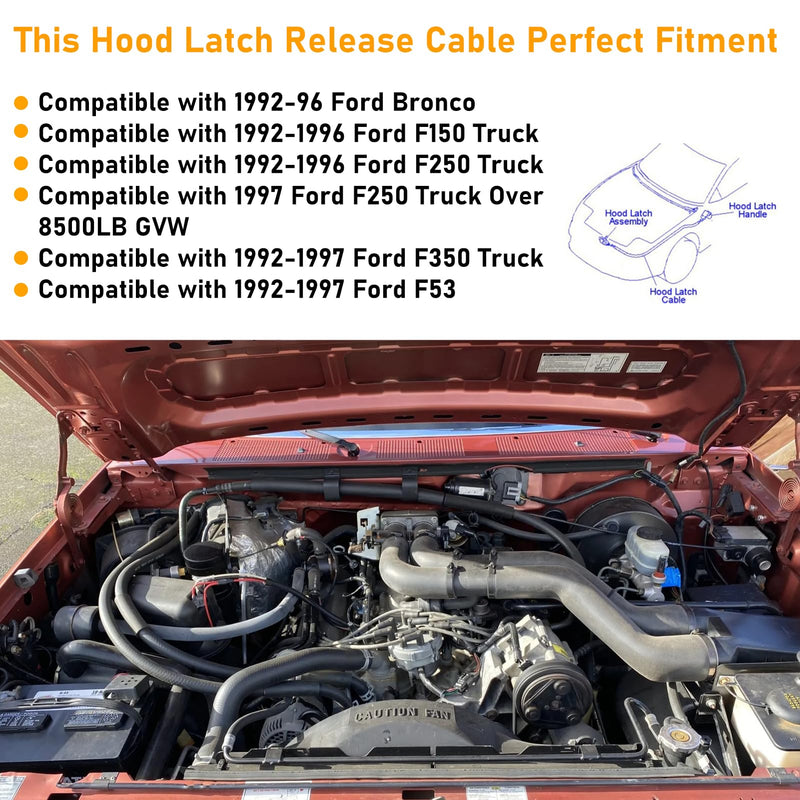 Hood Release Cable & Handle Compatible With 1987-1997 Ford F150 F250 F350 Super Duty Bronco F53 F59 - Latch Replace for 912-042 F2TZ16916A - 1PC, Black
