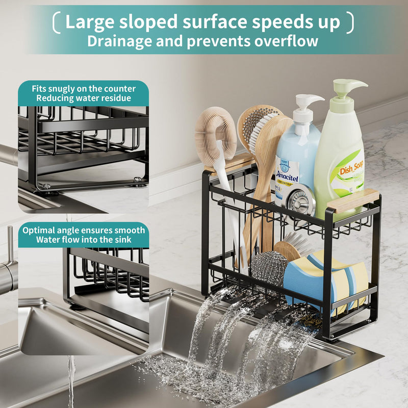 Sink Caddy Organizer with Wooden Handle, 2-Tier Rustproof Metal Sink Organizer Non-Slip Suction Cups, Multi-Functional Storage for Sponge, Soap Dispenser, Kitchen and Bathroom Countertop Accessories 2 Tier Black