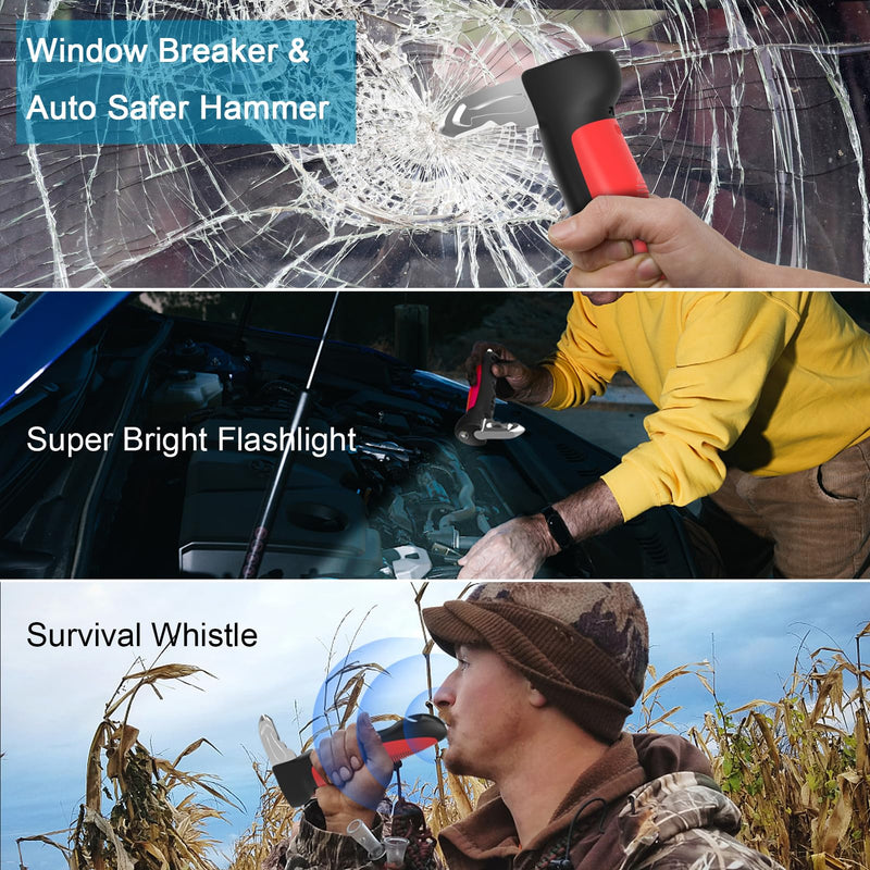 Versatility Auto Cane Vehicle Support Handle for Elderly and Handicapped Portable Automotive Door Assist Handles with LED Light, Seatbelt Cutter, and Window Breaker Red Old