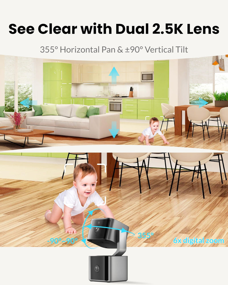 Dual Lens Security Camera Indoor 5G/2.4G WiFi, 2.5K Pet Camera with Pan Tilt for Home, Baby Monitor, AI Tracking, Color Night Vision, 2-Way Talk, No Dead Zone, 355° View, Alexa/Google