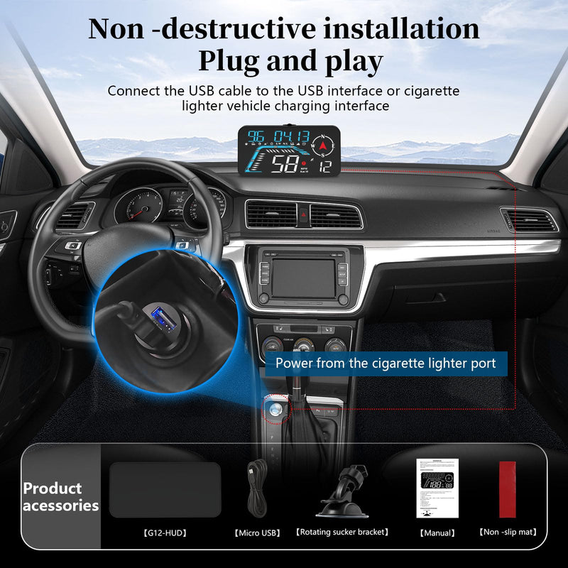 Head Up Display G12, A Car Head Up Display with Multifunctional Mileage Display, Suitable for All GPS Speedometer Models, USB Plug and Play, Easy Installation
