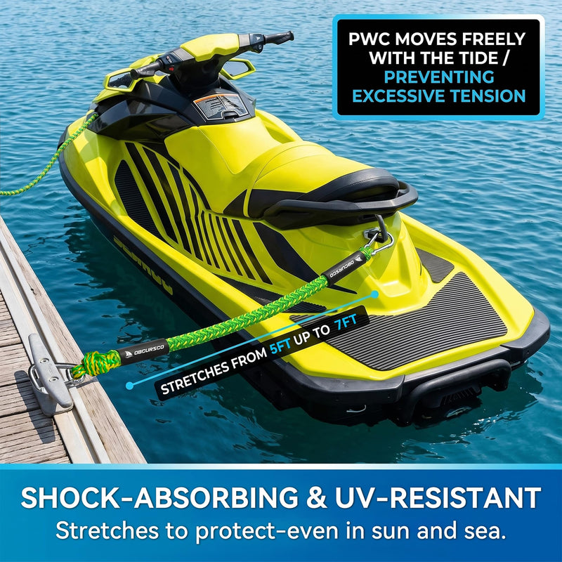 Obcursco Bungee Dock Lines - Jet Ski Rope with Double 316 Stainless Steel Clips - Shock Absorbing Boat Snubber for PWC, SeaDoo, Waverunner, Pontoon, Bass Boat (5ft, 2 Pack, Green) Yellow/Green 5-7ft