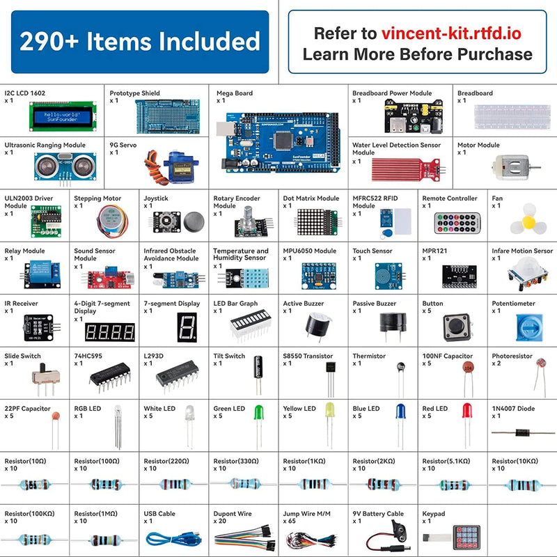 SunFounder Project The Most Complete Electronics Starter Kit Compatible with Arduino Mega 2560 R3 Mega328 Nano, 73 Tutorials Included Vincent Kit