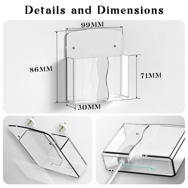 Clear Wall Mount Phone Holder with Charging Hole, Self-Adhesive Cell Phone Stand & Remote Control Organizer, Space-Saving Bedside Cradle Compatible with iPhone & Android, Clear