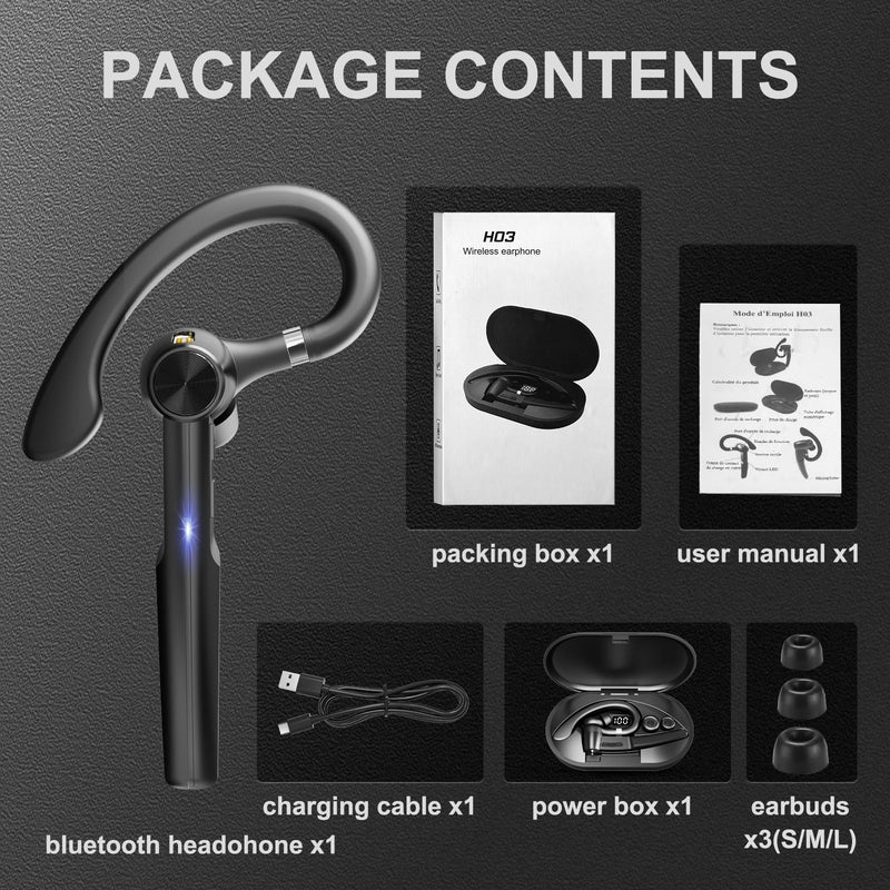 Bluetooth 5.3 Headset, 60Hrs Single Ear Earpiece with Mic | LED Charging Case, Noise Cancelling Mic, Hands-Free Calls for Business, Driving & Meetings Black