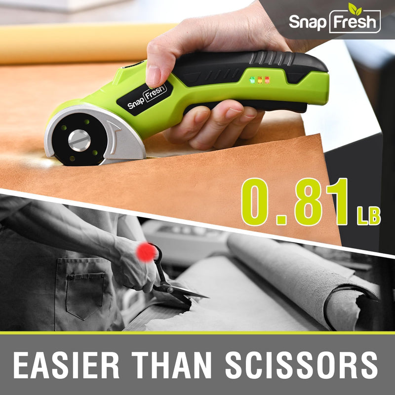 SnapFresh 4V Cordless Electric Scissors, Rechargeable Cardboard Cutter & Box Cutter Rotary Tool, 285 RPM Fabric Carpet Leather Cutter with LED, Extra Blade, 2.0Ah Battery & Storage Bag(SP5091) With Bag
