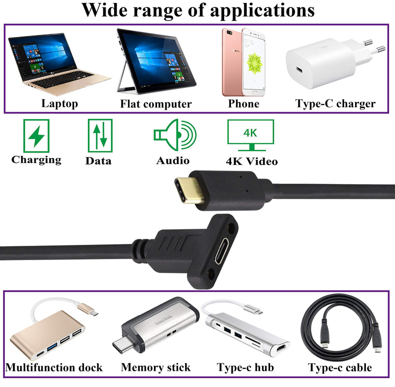 USB 3.1 Type C Panel Mount Extension Adapter Cable Gen 2 USB Type C 3.1 Female Panel Mount to Male Cable,Supports Charging,Data,Audio,Video Cable for Samsung Note10,MacBook Air(1M/3ft) 1M/3ft
