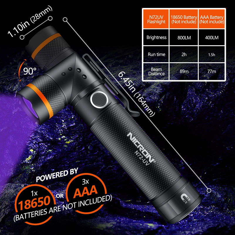 NICRON UV Flashlight, N72-UV 800LM White Light, Freely Switch Between White Light and UV Light Detector for Dog Urine, Wet Stains Bed Bugs,Camping, Outdoor,Maintain (18650/AAA Not Included) Purple