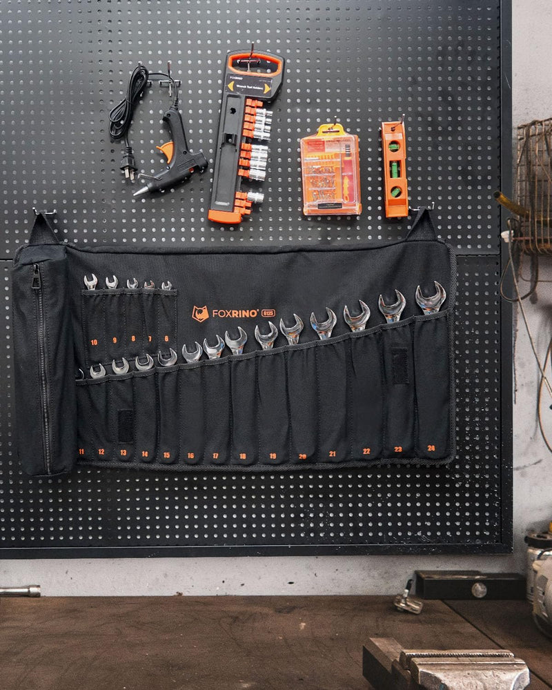 Foxrino Wrench Roll, Wrench Roll Up Pouch, 19-Pocket Heavy Duty Canvas Wrench Organizer Bag for Metric Combination Wrenches, Portable Tool Roll Bag, Gifts for Men for Fathers Day(Black, 19+1 Metric) Black