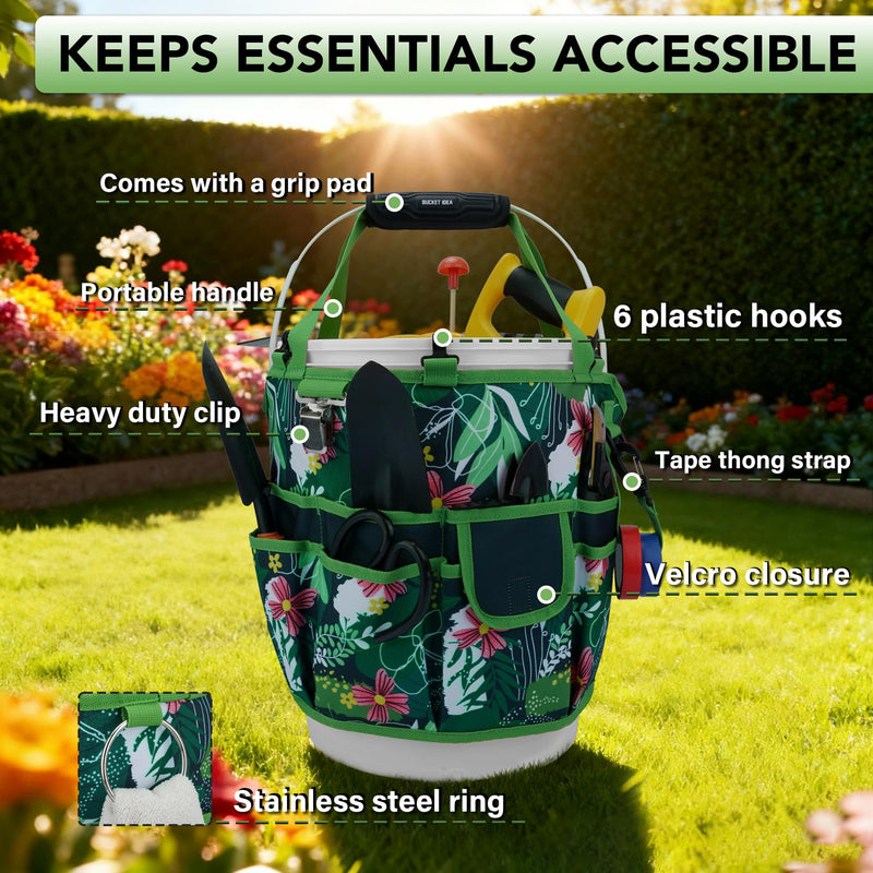 KUNN Bucket Tool Organizer 5 Gallon 18-Pocket Gardening Tool Bag with Hangable Handle | Garden Caddy & Bucket Accessory, Green Green Leaf