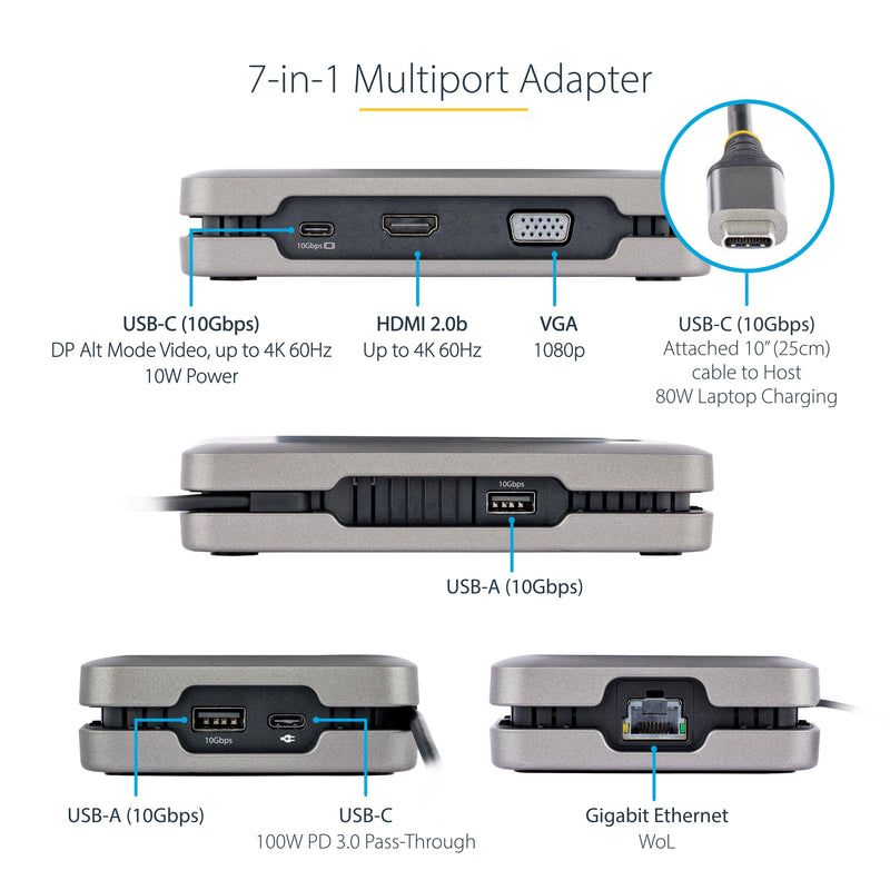 StarTech.com USB-C Docking Station for Windows and ChromeOS, Dual Monitor 4K 60Hz USB-C/HDMI or 1080p VGA, HDR10, USB 10Gbps Hub, 100W Laptop Charging, GbE - TAA dual video 2 x USB-A | 1 x USB-C