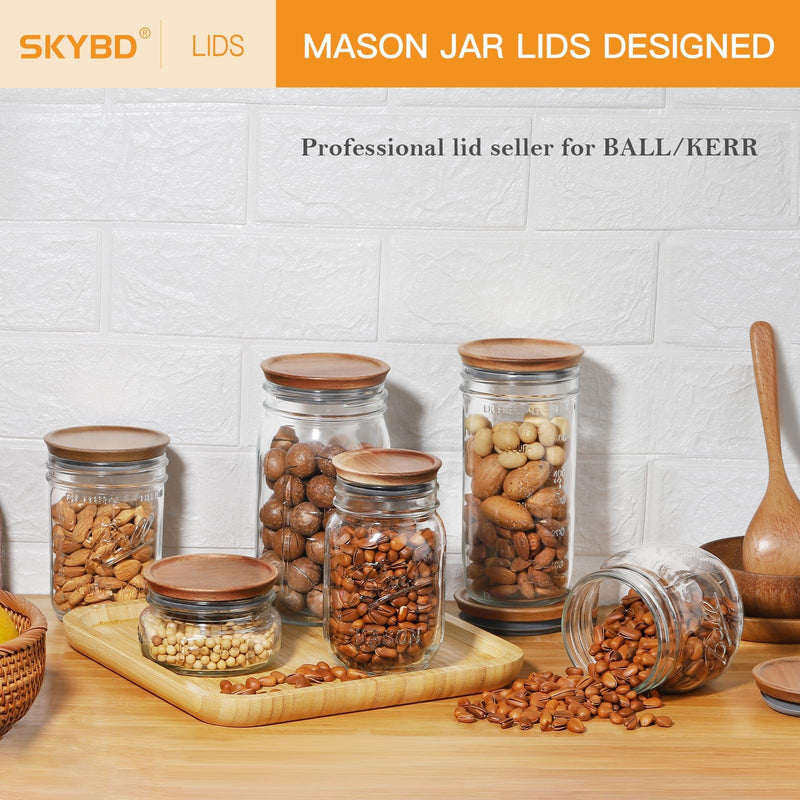 6 Regular Mouth and 6 Wide Mouth Wooden Mason Jar Lids for Ball/Mason Jars, Reusable Acacia Wood Mason Jar Lids with Airtight Silicone Seal Perfect for Dry Food Storage (6PCS-Regular + 6PCS-Wide) 6PCS-Regular + 6PCS-Wide