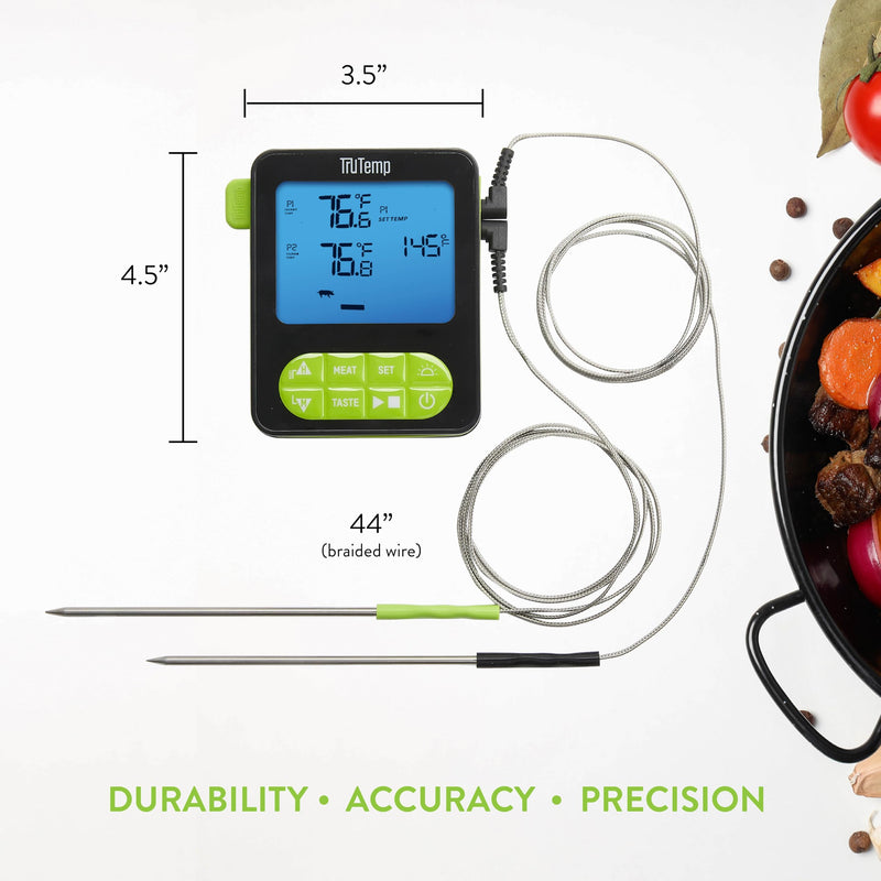 Taylor TruTemp Dual Probe Wired Programmable Meat and Food Thermometer, Digital for Cooking, Monitor Two Dishes with Two Probes for Baking, Grilling, and Roasting, User-Friendly, Backlit, Green