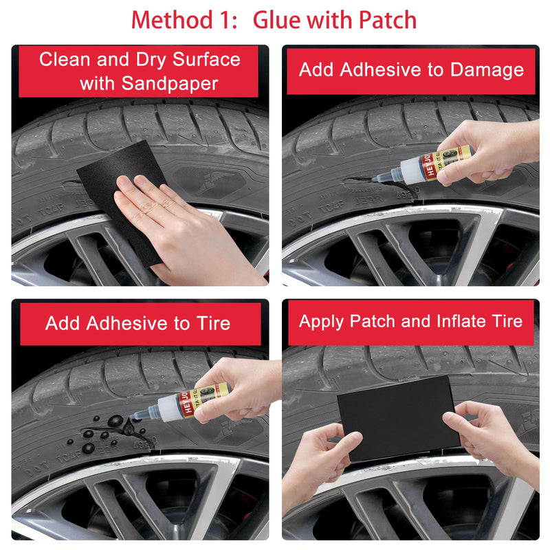 Black Tire Glue with Patch, Sidewall Emergency External Tire Repair Kit, Puncture Repair Anywhere for Tubeless Tires Rubber for ATV UTV Off-road Vehicles Car Motorcycle Tractors Van Trailer Lawn Mower 20g