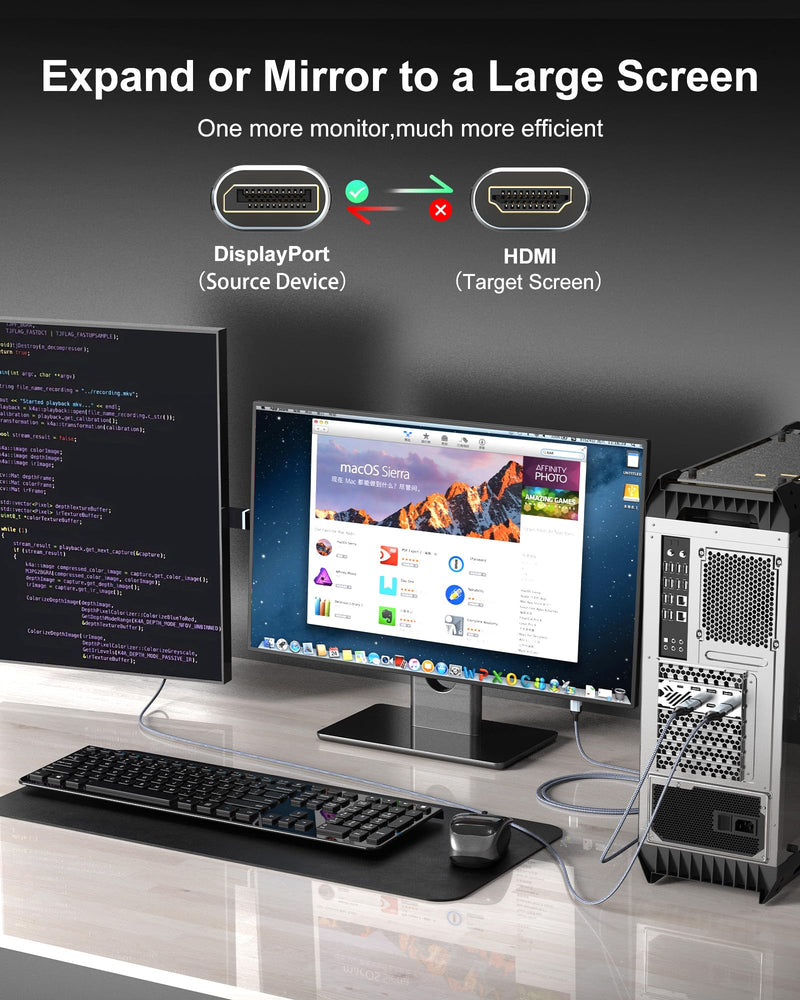8K DisplayPort to HDMI 2.1 Cable 6FT, 8K@60Hz, 4K@240Hz, Unidirectional Display Port 1.4 Source to HDMI 2.1 Display, DP to HDMI Braided Cord for Dell, NVIDIA, AMD, Monitor, Projector