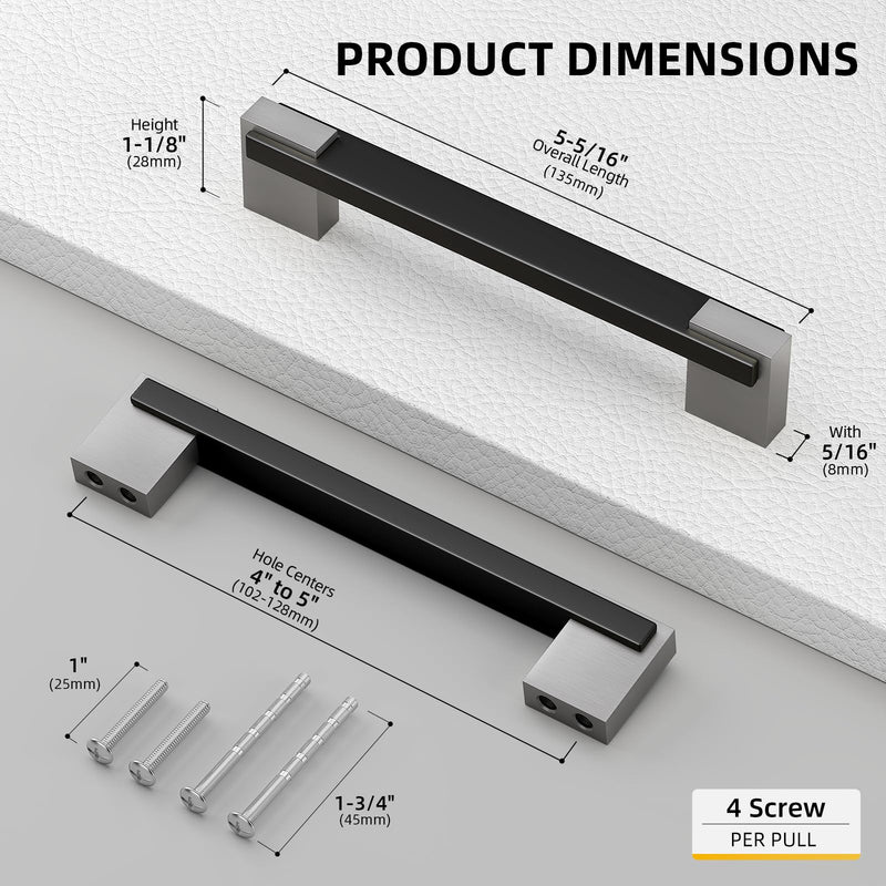 Rergy 5 Pack Adjustable Cabinet Pulls Black and Silver, 4 and 5 inch Hole Spacing Cabinets Handles, 2 Tone Dresser and Drawer Pull, Square Kitchen Hardware Hole Center: 4in(102mm) and 5in(128mm) Black and Brushed Nickel