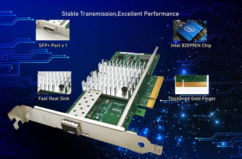 10Gb Network Card Single SFP+ Port PCIE x8 Ethernet Converged Server Adapter NIC Compatible Intel X520-DA1 82599EN Chip Support Windows 7/8/10/11/Visa,Server/Linux/VMware X520-1*SFP+