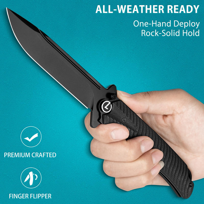 LOTHAR PHOENIX Pocket Knife, Tactical Pocket Knife for Men, 4" D2 Steel Blade Folding Knife with Clip, Flipper Assisted Opening and Black G10 Handle, Survival Knife Gifts for Men