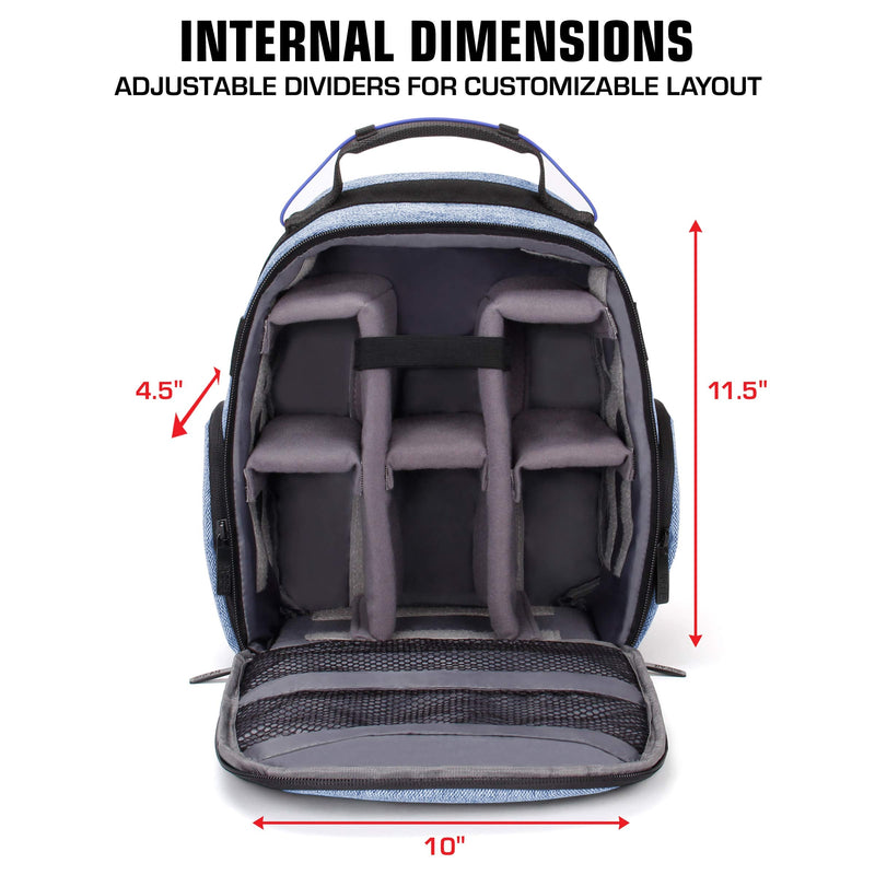 USA Gear Portable Camera Backpack for DSLR with Customizable Accessory Dividers, Weather Resistant Bottom and Comfortable Back Support - Compatible with Canon, Nikon, Sony, Fujifilm, and More (Blue) Compact Blue