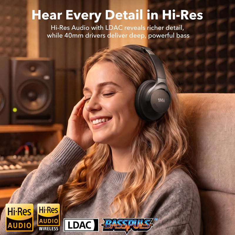 1Mii Hybrid Active Noise Cancelling Bluetooth Headphones with Game Mode | Over Ear Headphones Wireless Bluetooth 6.0 Low Latency, Hi-Res Audio, Clear Calls, 100H Battery Comfortable for Travel Office