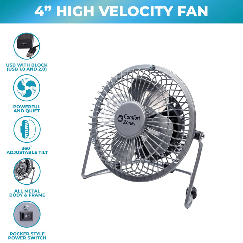Comfort Zone Mini Portable Desk Fan with 360-Degree Adjustable Tilt, Dual Powered (USB or Power Cord), 4 inch, All-Metal Construction, Airflow 3.31 ft/sec, Ideal for Home, Bedroom & Office, CZHV4BK Black