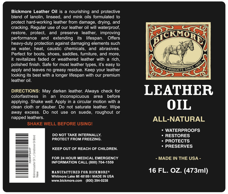 Bickmore Leather Oil Leather Conditioner 16oz | Waterproofs, Protects, and Restores Boots, Jackets, Auto, Furniture, and All Leather Goods | Made in The USA 16 oz