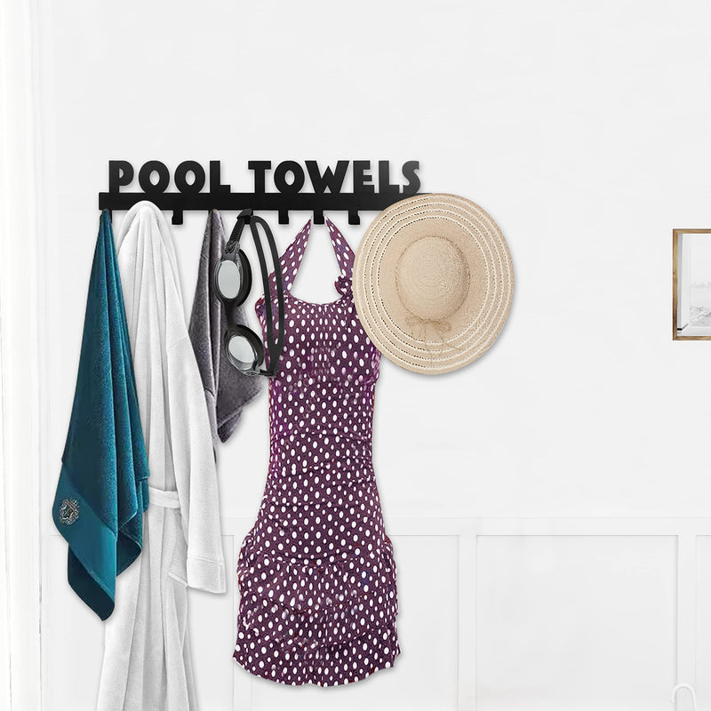 Pool Towel Rack Large Size 10 Hooks for Bathroom Wall Mount Towel Hooks Towel Holder Carbon Steel Hanger Organizer Indoor Outdoor for Robe, Towel, Coat, Swimsuit, Umbrella, Bag, Keys(Black 32Inch-10Hooks Black-Pool Towels