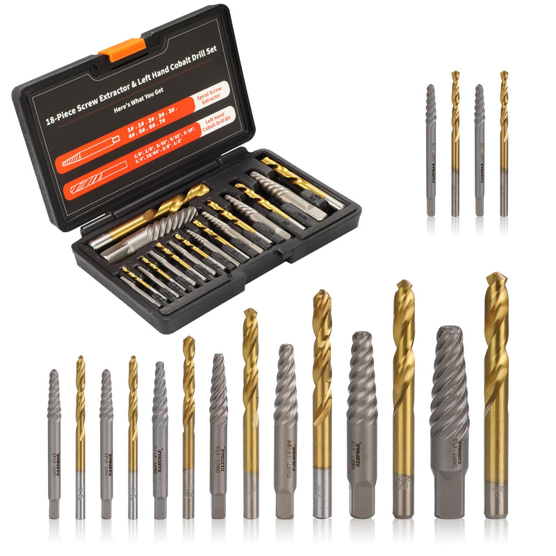 18Pcs Screw Extractor and Left Hand Drill Bit Set, Easy Out Broken Bolt Remover Reverse 6542/4341 HSS Steel Cobalt, Bolt Extractor Kit for Remove Stripped Screws, Damaged Bolts Studs Upgarded Kit-18PCS