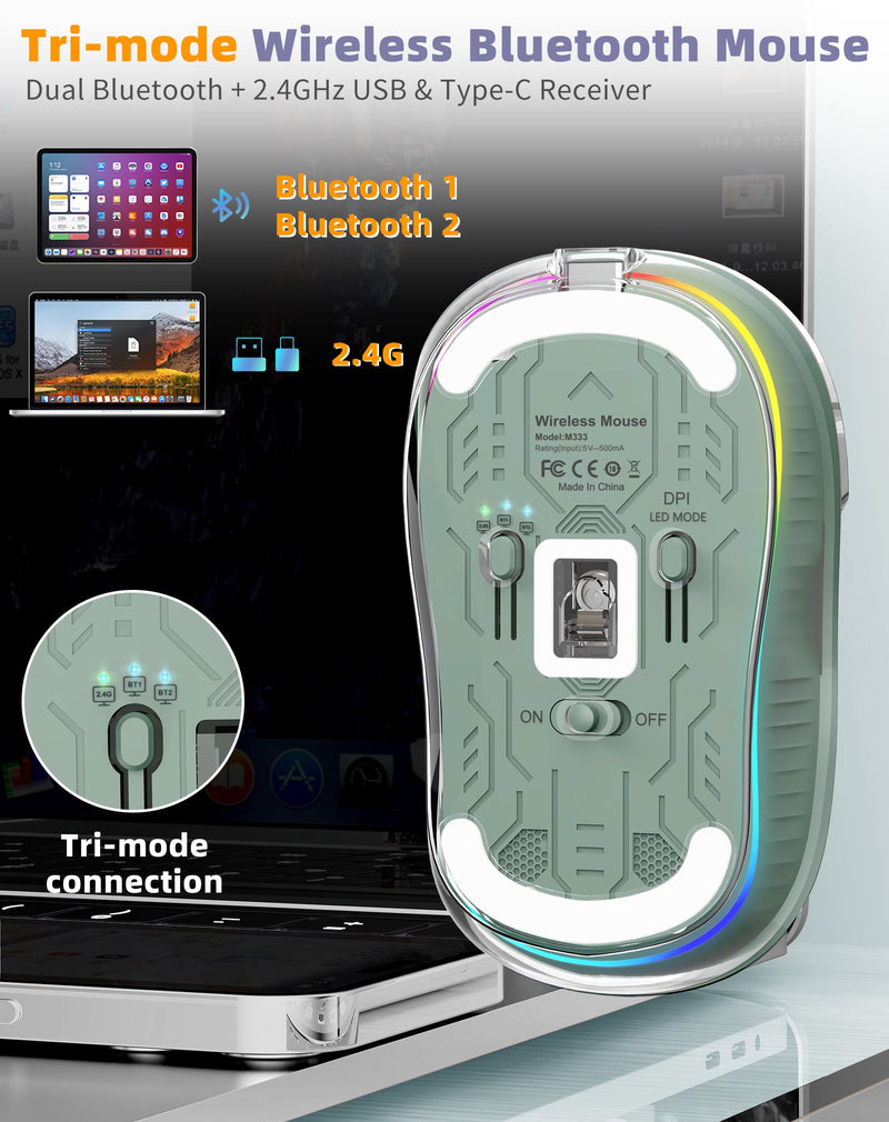 Interesting Transparent Bluetooth Mouse with USB & Type-C Two Receiver, Small Portable Silent Wireless Mice with RGB Lights for MacBook/pc/iPad/Laptop and Office Trip Green