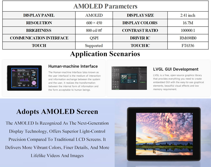 ESP32-S3 2.41inch AMOLED Touch Display Development Board, 600x450, 32-bit LX7 Dual-core Processor, Onboard Accelerometer and Gyroscope Sensor, ESP32 with Display (with Case Version)