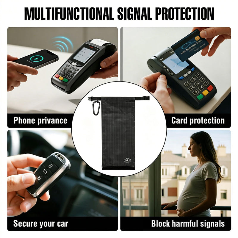 RFID Blocking Phone Pouch,5 RFID Card Sleeves &1 Tool Card Carabiner, Blue | Made of lightweight nylon, it blocks GPS signals to prevent tracking and data theft for privacy protection.