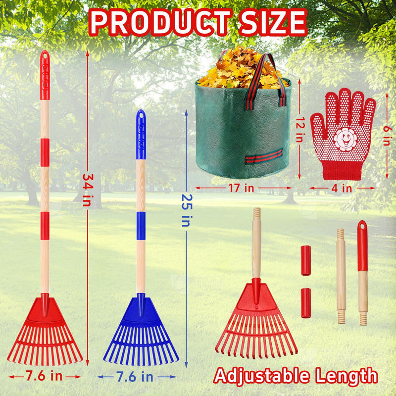 2 Pack Kids Adjustable Leaf Rake Set – 28" to 34" with Detachable Wooden Handles, Lightweight Plastic Head, Designed for Kids, Includes 2 Pairs of Gloves & Leaf Bag (Red/Blue) Red and blue