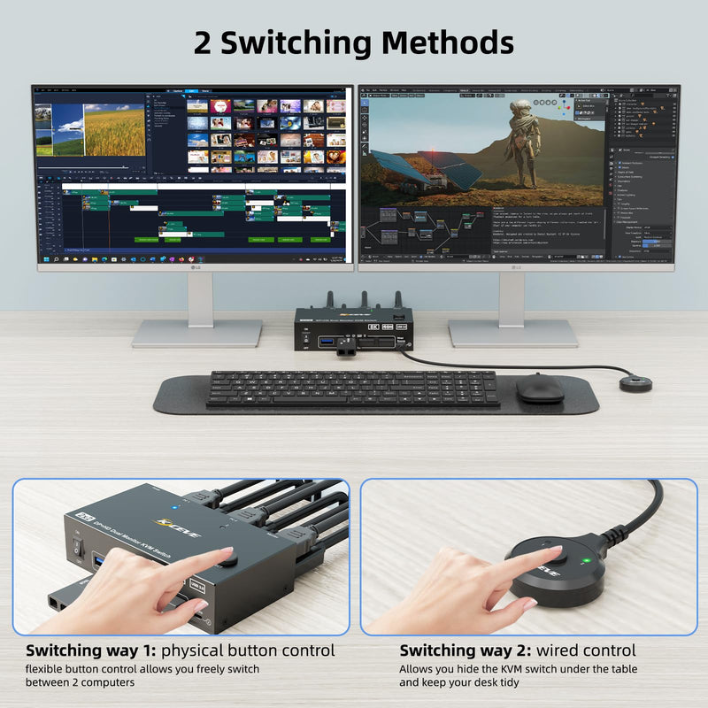 8K KVM Switch 2 Monitors 2 Computers Displayport HDMI, Dual Monitor USB 3.0 DP KVM Switcher Supports 8K@60Hz for 2 Computers Share Keyboard, Mouse and Monitor