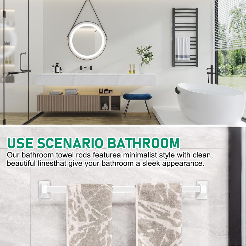 24-Inch Spring End Wall-Mounted Towel Bar, Adjustable Sturdy Plastic Towel Holder for Bathroom Kitchen Towel Storage White 2 Pack