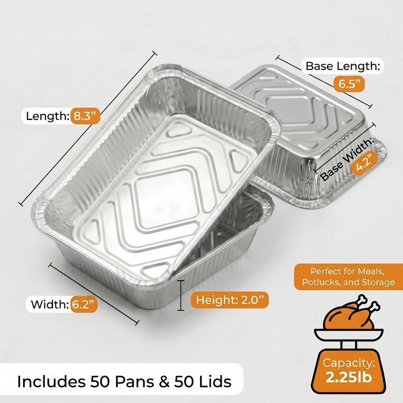 50 Pack Aluminum Pans with Cardboard Lids, 8.3"x6.2", 2.25 LB | Heavy duty disposable foil containers, trays for baking, meal prep, roasting, food storage 50 Pack Pans with Paper Lids