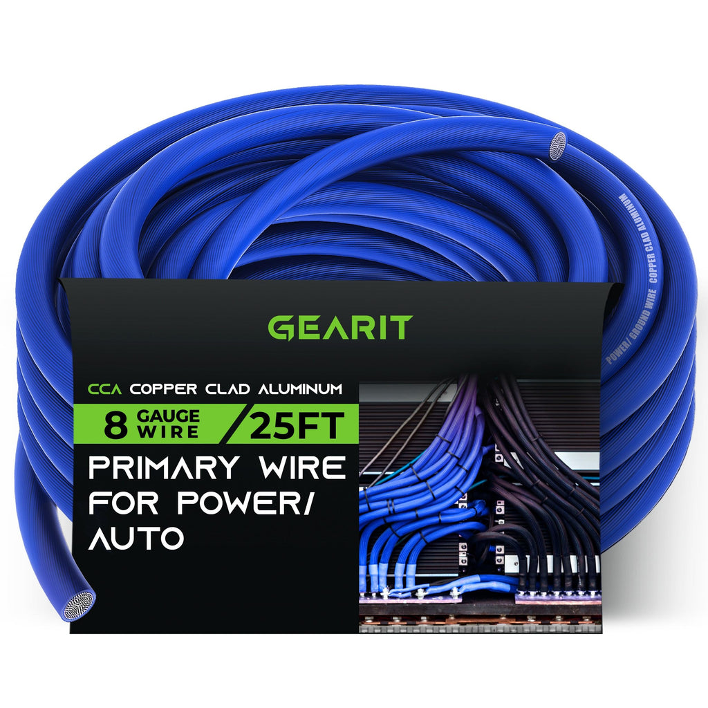 GearIT 8 Gauge Wire (25ft - Blue Translucent) Copper Clad Aluminum CCA - Primary Automotive Wire Power/Ground, Battery Cable, Car Audio Speaker, RV Trailer, Amp, Electrical 8ga AWG 25 Feet Blue - 25ft