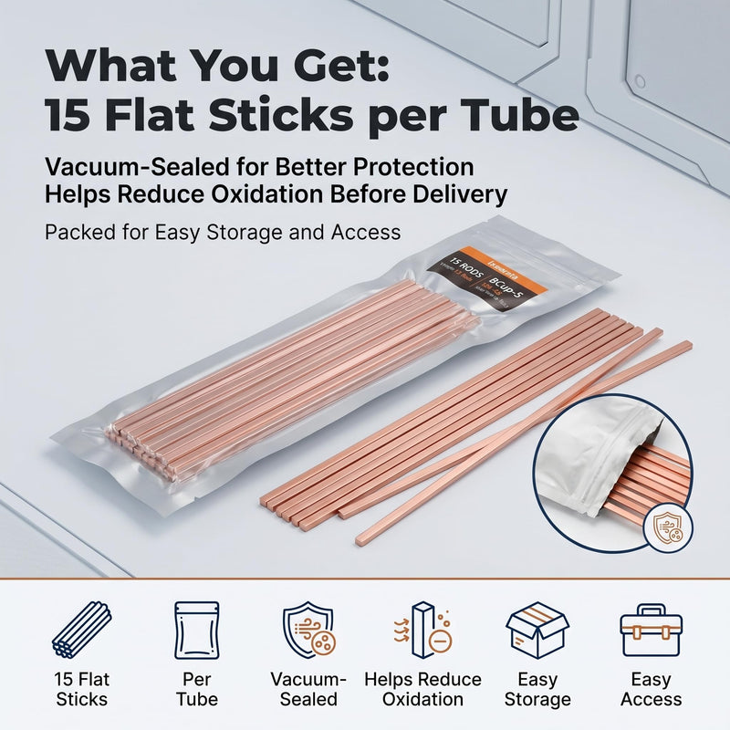 BCuP-5 15% Silver Brazing Rod, 15 PCS Flat 0.050" x 1/8" x 14", HVAC Copper Tube Repair for Air Conditioning, Refrigeration & Cold Storage, Flux Required for Brass 15 PCS - 14 Inch
